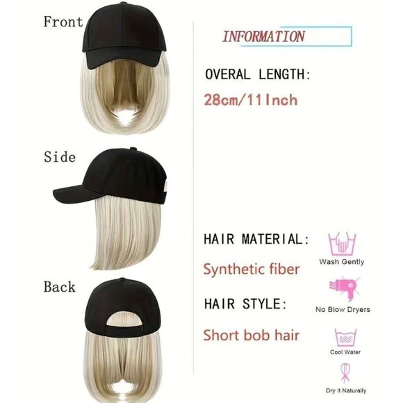 Hat Wigs 12 Inch Synthetic Short Bob Straight Hair Beige White - Picture 3 of 3